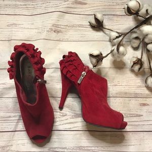 Red ruffle peep toe heels